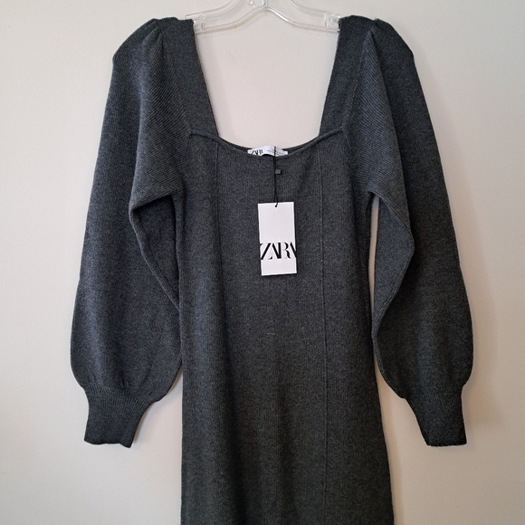 Zara Grey Square neckline Knit dress - Picture 2 of 6